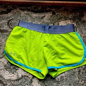 Under Armour Heat Gear neon green/blue running shorts, size medium